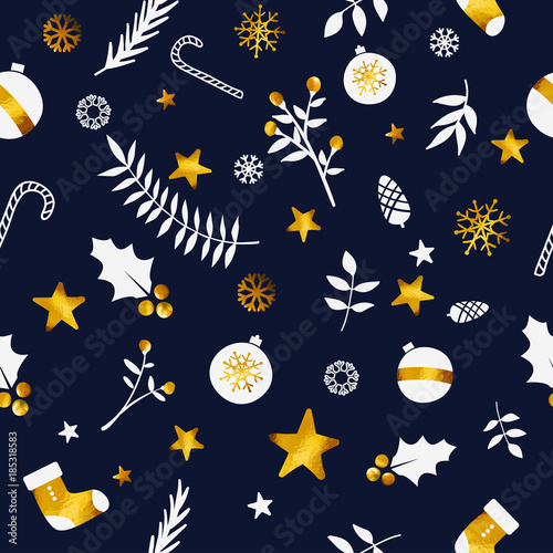 Christmas Ornament Seamless Pattern Gold Dark Blue Navy Background