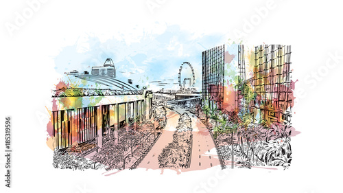 Singapore City. Watercolor splash with hand drawn sketch in vector illustration.