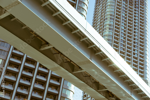 Railway overpass seen from beneath in Tokyo, Japan