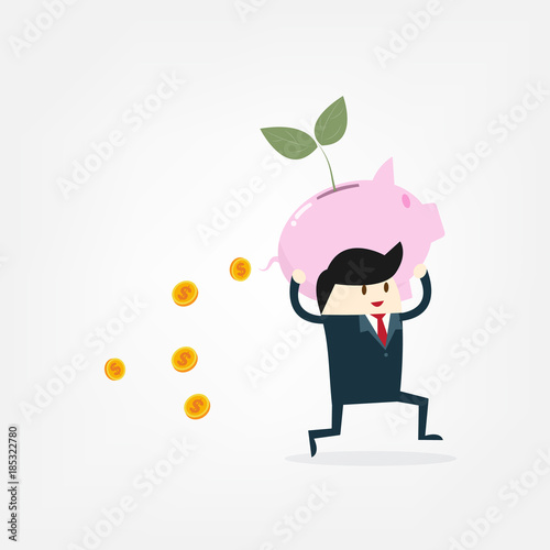 Happy Business man run and carrying a Piggy and small green leaf. Vector illustration