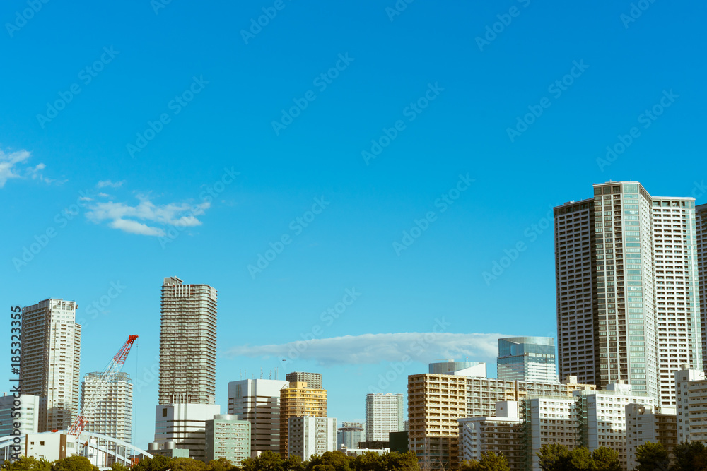 Skyline of newly constructed buildings in Tsukiji, Tokyo, Japan