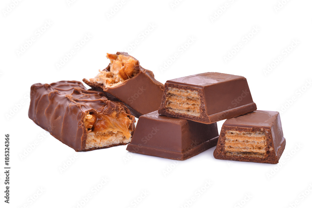 caramel and wafer chocolate isolated on white background
