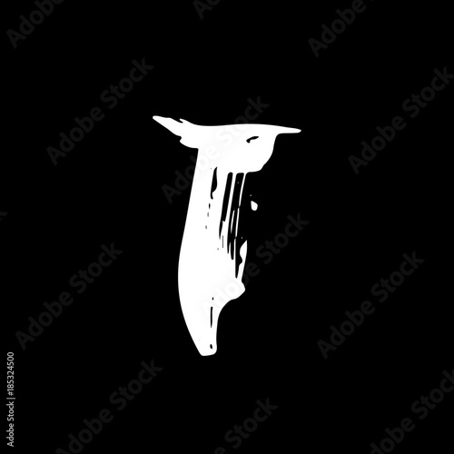 Letter T. Handwritten by dry brush. Rough strokes font. Vector illustration. Grunge style alphabet.