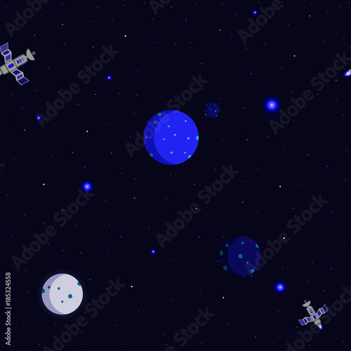 Space. Satellite. Planets and stars in a flat style. Seamless pattern