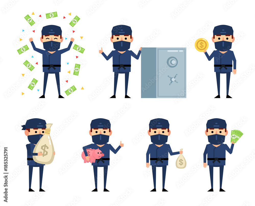 Set of ninja characters posing with money. Funny ninja holding money, coin, piggy bank and showing other actions. Flat style vector illustration