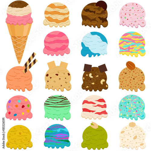 Cute Vector illustration set of ice cream scoop, many colorful flavors with toppings in wafer cone isolated on white background