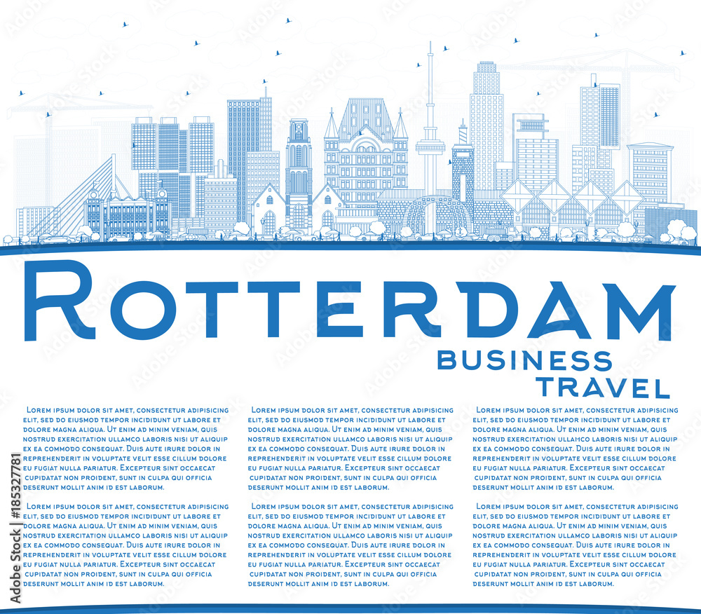 Outline Rotterdam Netherlands City Skyline with Blue Buildings and Copy Space.