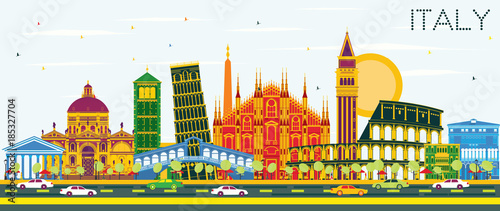 Italy City Skyline with Color Landmarks.