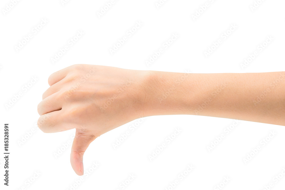 Woman hand show thumbs down isolated on white background with clipping path