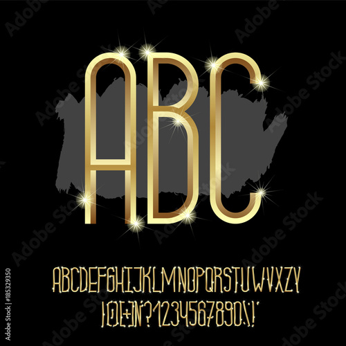 Golden Font. Vector Alphabet. Gold effect elongated narrow letters, numbers and punctuation marks. Stock vector for your headlines, posters etc.