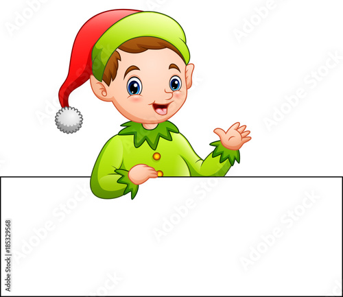 Cartoon christmas elf waving at a blank sign