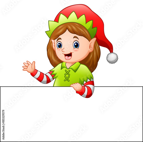Cartoon christmas elf waving at a blank sign