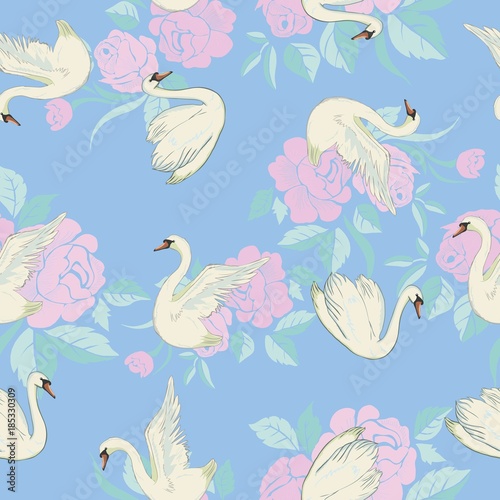 Seamless pattern with white swans. White swans on black background. Vector illustration.