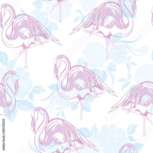 Beautiful seamless vector tropical pattern background with flamingo and hibiscus. Abstract texture, stripes. Perfect for wallpapers, web page backgrounds, surface textures, textile.