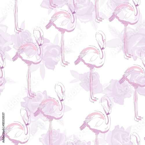 Beautiful seamless vector tropical pattern background with flamingo and hibiscus. Abstract texture, stripes. Perfect for wallpapers, web page backgrounds, surface textures, textile.