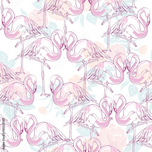 Beautiful seamless vector tropical pattern background with flamingo and hibiscus. Abstract texture, stripes. Perfect for wallpapers, web page backgrounds, surface textures, textile.