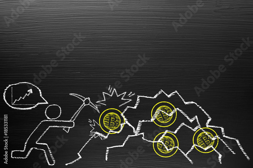 Bitcoin Cryptocurrency Concept. On Blackboard with chalk doodle, infographics are visual representations