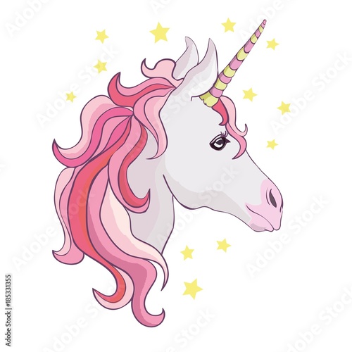 Unicorn vector icon isolated on white. Head portrait horse sticker, patch badge. Cute magic cartoon fantasy cute animal. Rainbow hair. Dream symbol. Design for children photo