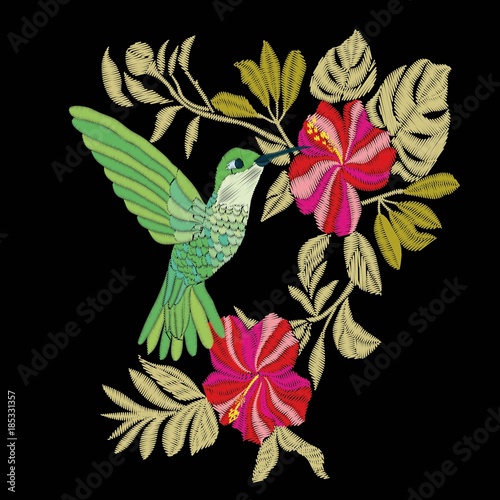 Embroidery with hummingbird and orchid flowers vector illustration.