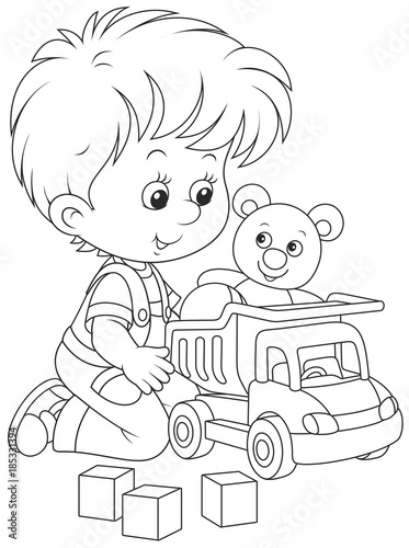 Black and white vector illustration of a little boy playing with a toy truck, a teddy bear and cubes