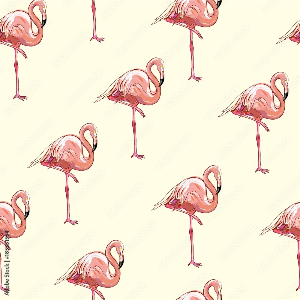 Obraz premium Beautiful seamless vector tropical pattern background with flamingo and hibiscus. Abstract texture, stripes. Perfect for wallpapers, web page backgrounds, surface textures, textile.