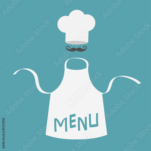 White blank kitchen cotton apron. Chef hat and big mustaches. Menu card template. Uniform for cook or baker. Cooking icon set. Flat design. Blue background. Isolated.