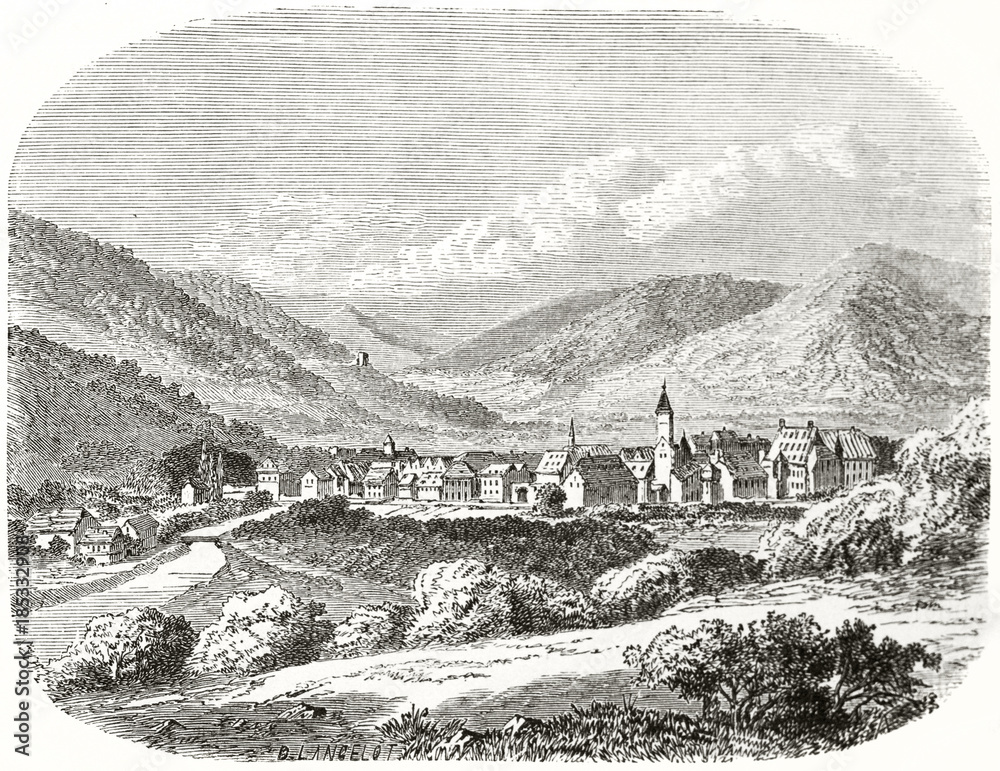 Ancient little german town surrounded by green hills and natural landscape with the path leading toward it in foreground. German village in Wurttemberg region. By Lancelot  on Le Tour du Monde 1862