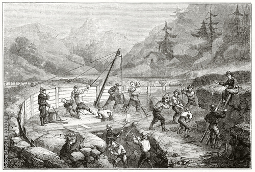 Ancient gold prospectors working hardly in a gold quarry surrounded by the nature in California. By Chassevent after previous engraving by unknown author published on Le Tour du Monde Paris 1862