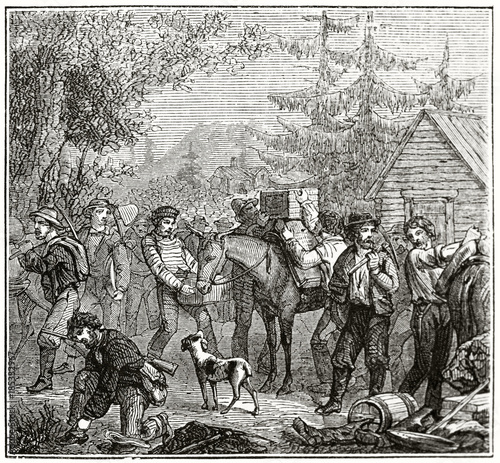 Ancient gold prospectors preparing their equipment on mules for departure. Created by Chassevent after previous American engraving by unknown author published on Le Tour du Monde Paris 1862 photo