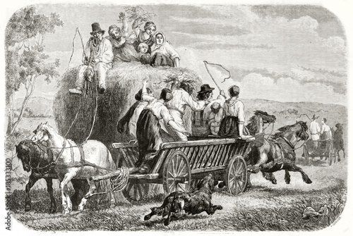 Old illustration of haymaking in Funen island, Denmark. Created by Frolik, published on Le Tour du Monde, Paris, 1862 photo