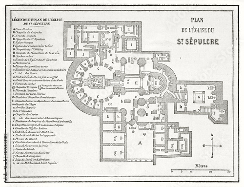 Ancient planimetry of the Church of the Holy Sepulchre Jerusalem with the legend on side. By unidentified author published on Le Tour du Monde Paris 1862 photo