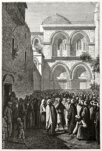Old view of the Church of the Holy Sepulchre, Jerusalem. Created by Riou and Gusmand, published on Le Tour du Monde, Paris, 1862