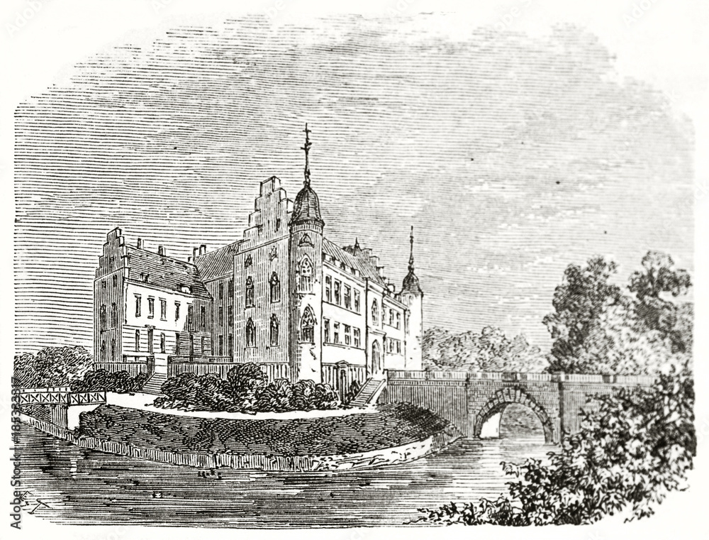 Foreshortening of an ancient castle surrounded by a lush garden and a river connecting it with an arched bridge. Krenkerup castle Denmark. Created by Therond published on Le Tour du Monde Paris 1862
