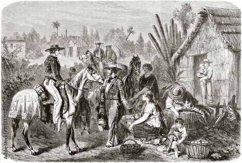 Ancient traditional mexican people in a typical outdoor context. Horseback, traditional costumes, houses and south american rural vegetation. Created by Riou on Le Tour du Monde Paris 1862