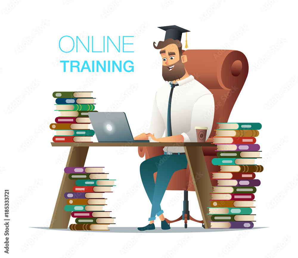 Businessman in learnin process. Man sitting behind his desk studying online  using his computer. Cartoon character design llustration with work table,  books and male in student's cap Stock Vector | Adobe Stock