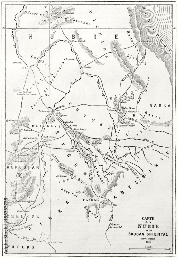 Old topographic map of Nubia region eastern Africa. Created by Erhard and Bonaparte published on Le Tour du Monde Paris 1862