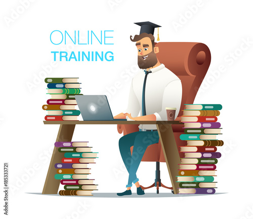 Businessman in learnin process. Man sitting behind his desk studying online using his computer. Cartoon character design llustration with work table, books and male in student's cap