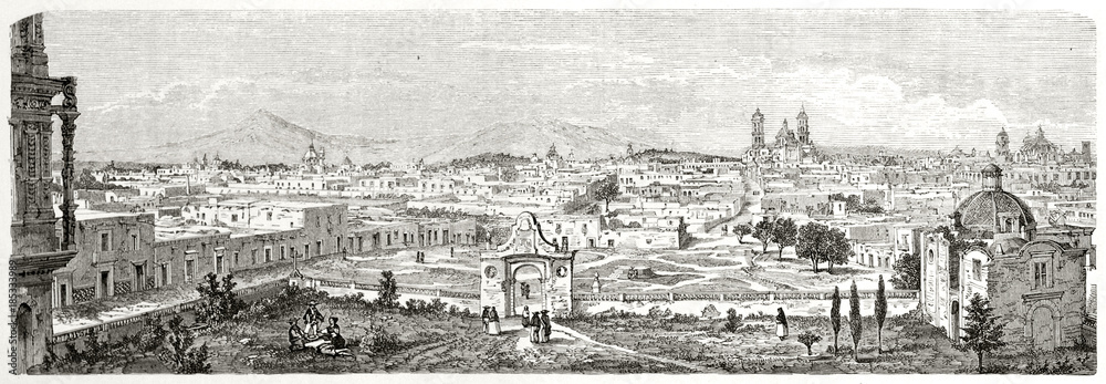 Ancient high panoramic view of western side of Puebla Mexico. City gate at the center of composition, hills in the distance. By Catenacci after photo of Charnay, Le Tour du Monde Paris 1862