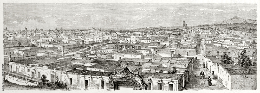 Old panoramic view of eastern side of Puebla Mexico with its typical white low houses and little hills in the distance. By Catenacci after photo of Charnay published on Le Tour du Monde Paris 1862