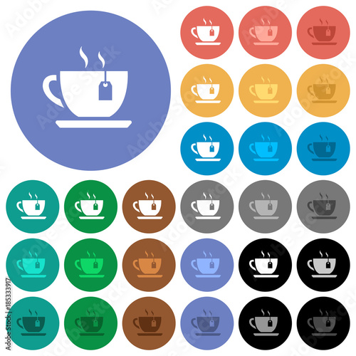 Cup of tea with teabag round flat multi colored icons