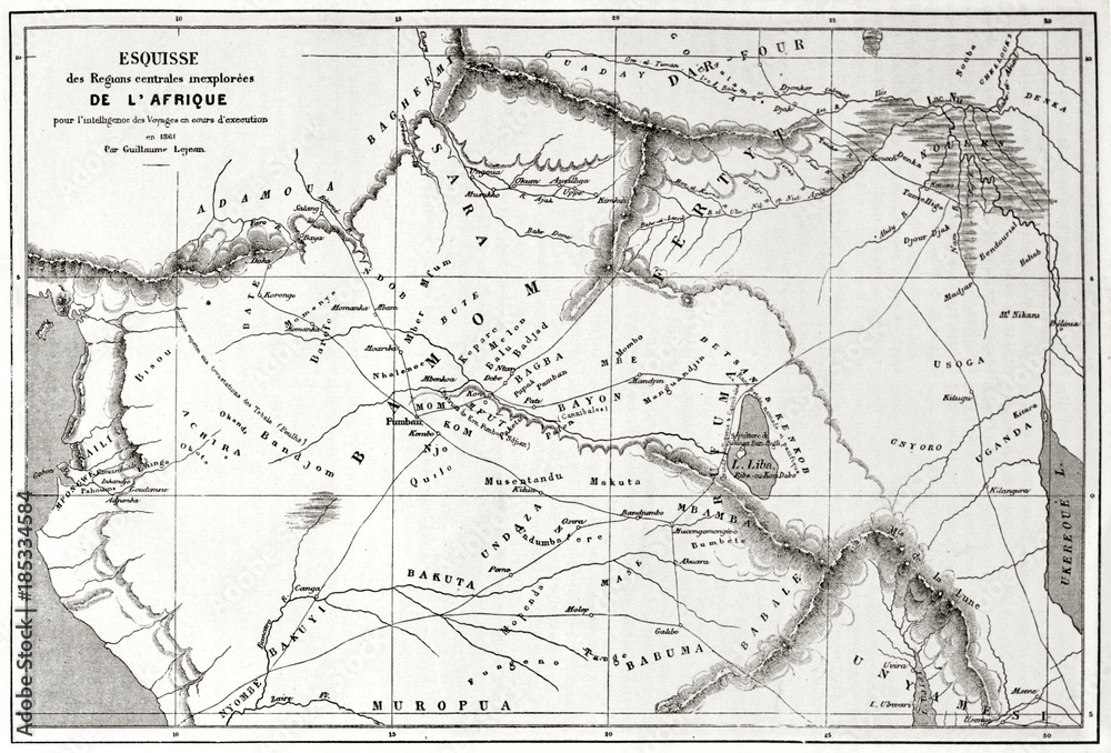 Old graytone topographic map of central Africa unexplored zones. After Lejean published on Le Tour du Monde Paris-1862
