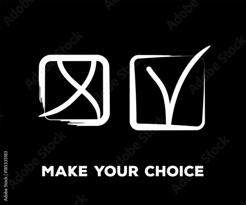 Yes and No Vector Set Square Frames, Isolated.  Hand Painted Election, Quizz, Voting, Test Symbols. Ink Brush Rejection and Approval, Query Choice Icons. Yes and No Tick and Cross Symbolic Marks.