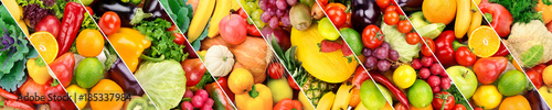 Collection fresh fruits and vegetables background. Collage. Wide photo .