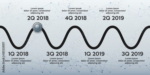 Business concept of timeline roadmap. Task execution plan in road map style. Wave path with points. Infographic for investors. Vector Illustration.