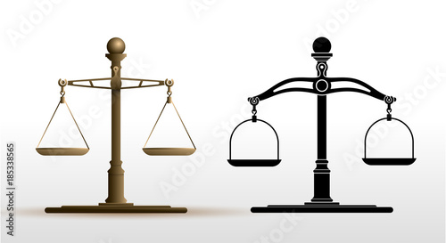 Justice scales set of icon. Libra in flat black and brown design. Law balance symbol. Vector illustration. Isolated on white background