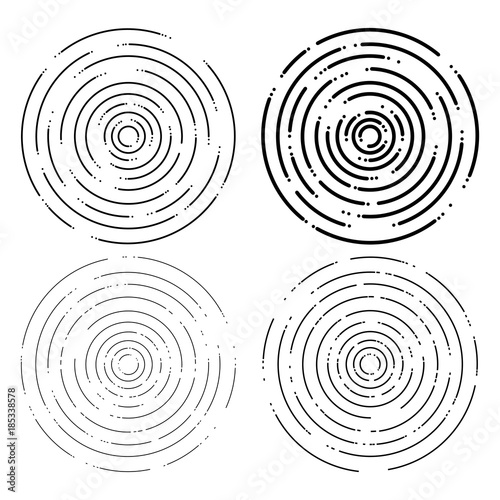 Set of abstract background of concentric ripple circles. Circular lines graphic pattern, dashed line ripples. Vector illustration. Isolated on white background