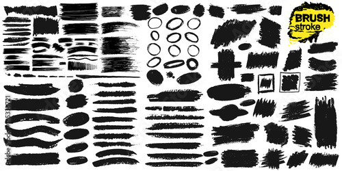 Set of brush strokes text boxes. Paintbrush grunge design elements. Freehand drawing. Painted objects. Dirty texture banners. Ink splatters. Vector illustration. Isolated on white background