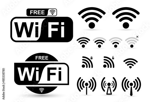 Set of free WiFi and zone sign. Remote access and radio waves communication symbols. Vector illustration. Isolated on white background photo