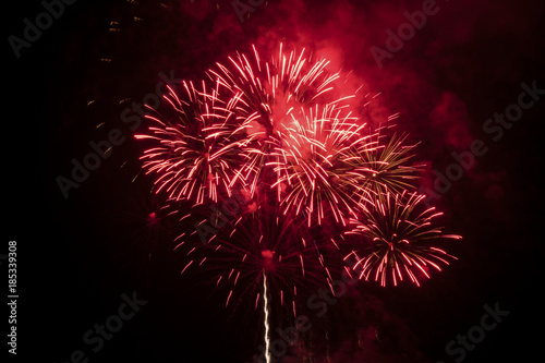 Red fireworks in night sky.