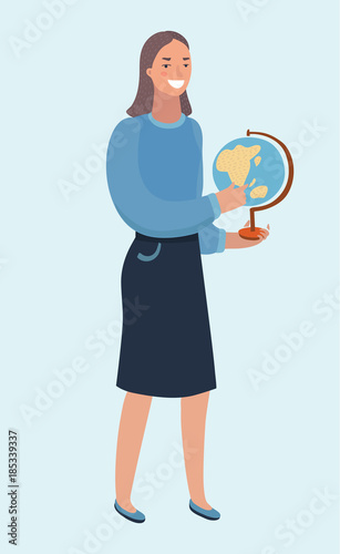 Beautiful young woman holding globe in hands, detailed flat style vector illustration isolated on stylish blue background